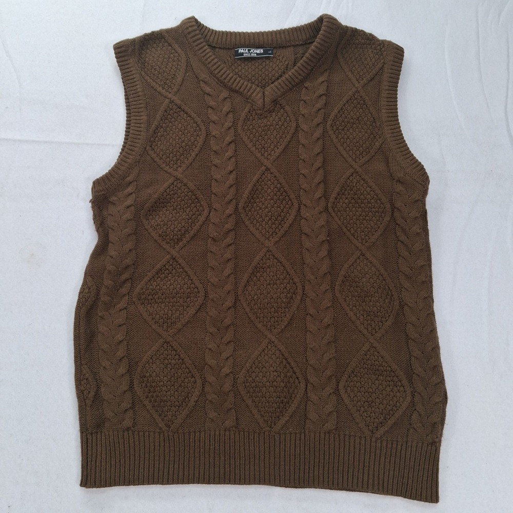 Paul Jones Sweater Vest Mens L Cable Knit Brown V-Neck Sleeveless EUC